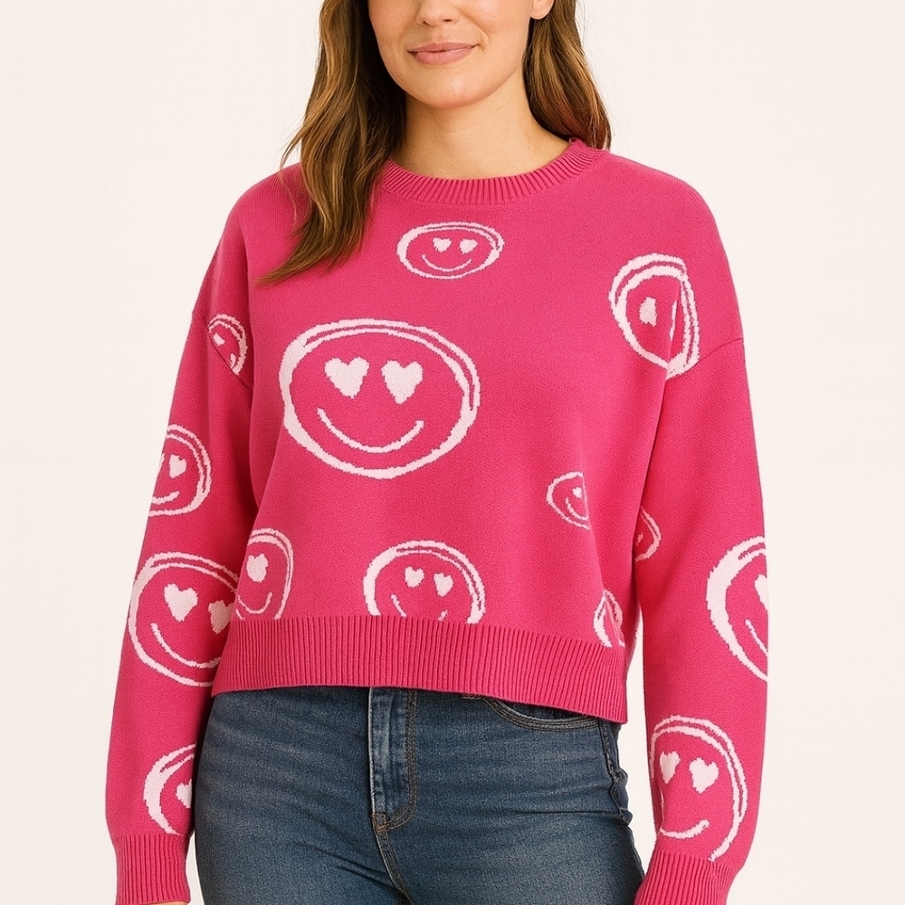 Debut Smiley Face Sweater, Hot Pink, Cropped, Womens Medium - Picture 4 of 4